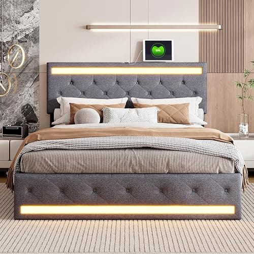 Aneutr Lit 140x200 avec sommier LED et Charge USB Type C, LIt Double rembourré avec 4 Tiroirs, Lit Coffre avec Tête de Lit Rembourrée Ajustable, Lits 2 Personnes, Facile à Assembler,Lin - Image 1
