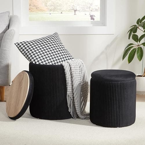 Royal Windsor Round Ottoman with Storage Set of 2,Vanity Stool with Storage for Bedroom, Ottoman Coffee Table,Small Velvet Foot Stool for Living Room, Black - Image 1