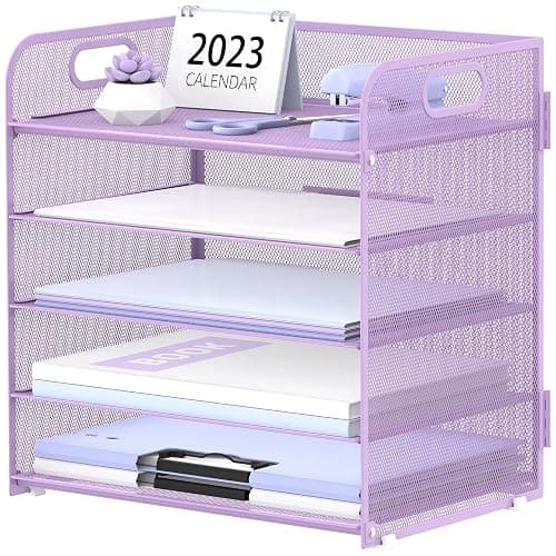 Supeasy 5 Trays Paper Organizer Letter Tray with Handle-Mesh Desk File Holders, Paper Sorter Desk Organizer for Office, Home, Classeoom or School, Purple - Image 1