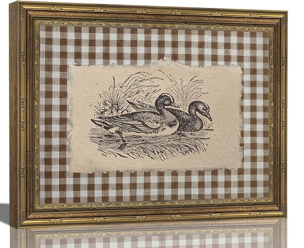 Vintage Gold Framed Wall Art Vintage Duck Wall Art Rustic Farmhouse Brown Gingham Duck Wall Decor Picture Country Cottage Illustration Poster Print Artwork for Living Room Bedroom 9x11in - Image 1