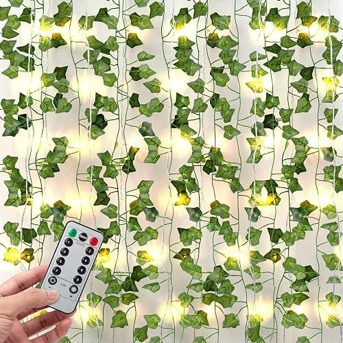 JACKYLED 84Ft 12 Pack Artificial Ivy Garland Fake Plants, Ivy Vines Leaves with CE Certified 80 LED String Lights, Hanging Ivy Lights for Bedroom Garden Party Wall Room Decor - Green - 12Pack-32Ft LED - Image 1