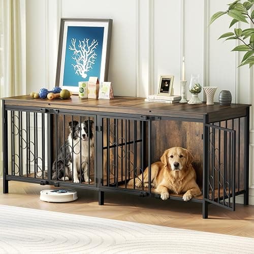 COZPAW 71" Double Dog Crate with Elevated Legs, Brown | Extra-large kennel for 2 dogs, 5,5" raised legs for robot vacuum access, Heavy-duty steel & wood, Modern TV stand - Image 1