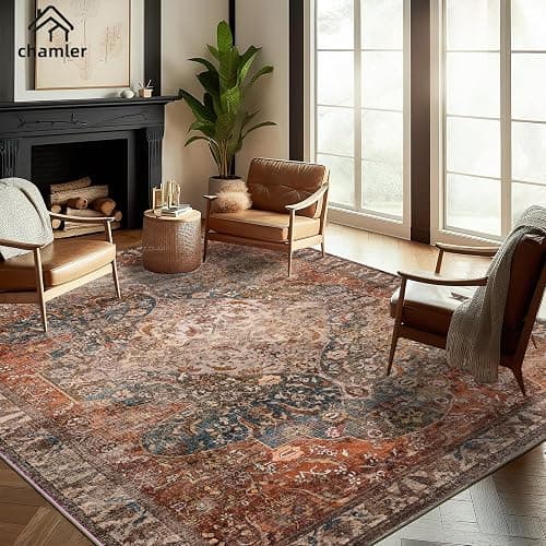 chamler 8x10 Area Rug Washable Vintage Traditional Mat Distressed Indoor Foldable Thin Retro Accent Floral Non Slip Carpet Rugs for Living Room Dining Room Office - Image 1