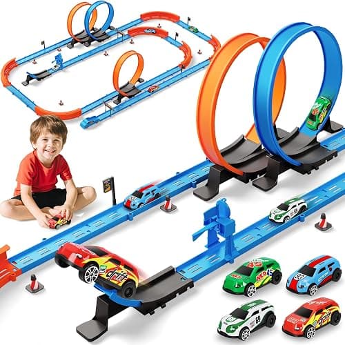 Slot Car Race Track Sets with 360° Thrill Loops & 4 High-Speed Cars, 64 Pcs Large Flexible Racing Track for Kids Ages 3-5 4-8 8-12, Race Car Toys Gift for Boys Girls Birthday Christmas - Image 1
