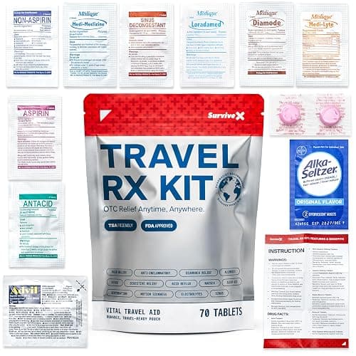 SurviveX Travel Medicine Kit - Compact TSA-Approved Medication Pack for Travel, Camping, Cruises - Includes Over-the-Counter Individual Medicine Packets - Image 1