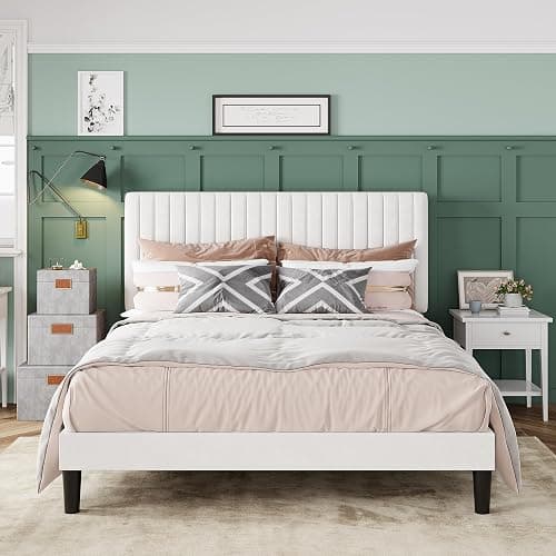 Allewie Queen Bed Frame, Velvet Upholstered Platform Bed with Adjustable Vertical Channel Tufted Headboard, Mattress Foundation with Strong Wooden Slats, Box Spring Optional, Easy Assembly, Off-White - Image 1