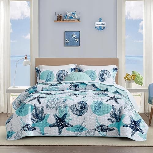Tritard 3 Piece Coastal Full/Queen Quilt Sets Nautical Reversible Lightweight Bedspread Coverlet with 2 Shams Blue Starfish Conch Beach Microfiber Bedding Quilt Set for All Season, 90''x96'' - Image 1