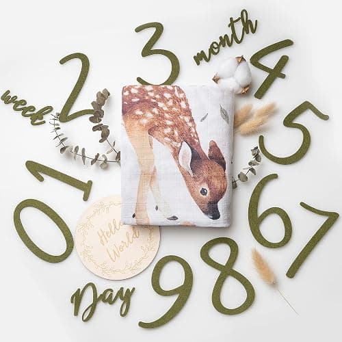 100% Organic Cotton Muslin Monthly Baby Milestone Blanket with Wooden Hello World Newborn Sign, Newborn Photography Props, Birth Announcement Sign, Woodland - Image 1