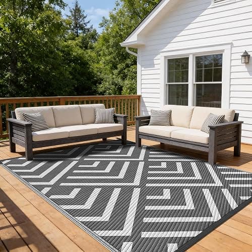 Kohree Outdoor Rug, Wave, 9x12 ft, Grey & White | Reversible, Waterproof, Non-Slip, Easy-Cleaning and Carry for RV, Patio, Deck, Camping, Balcony, Backyard - Image 1