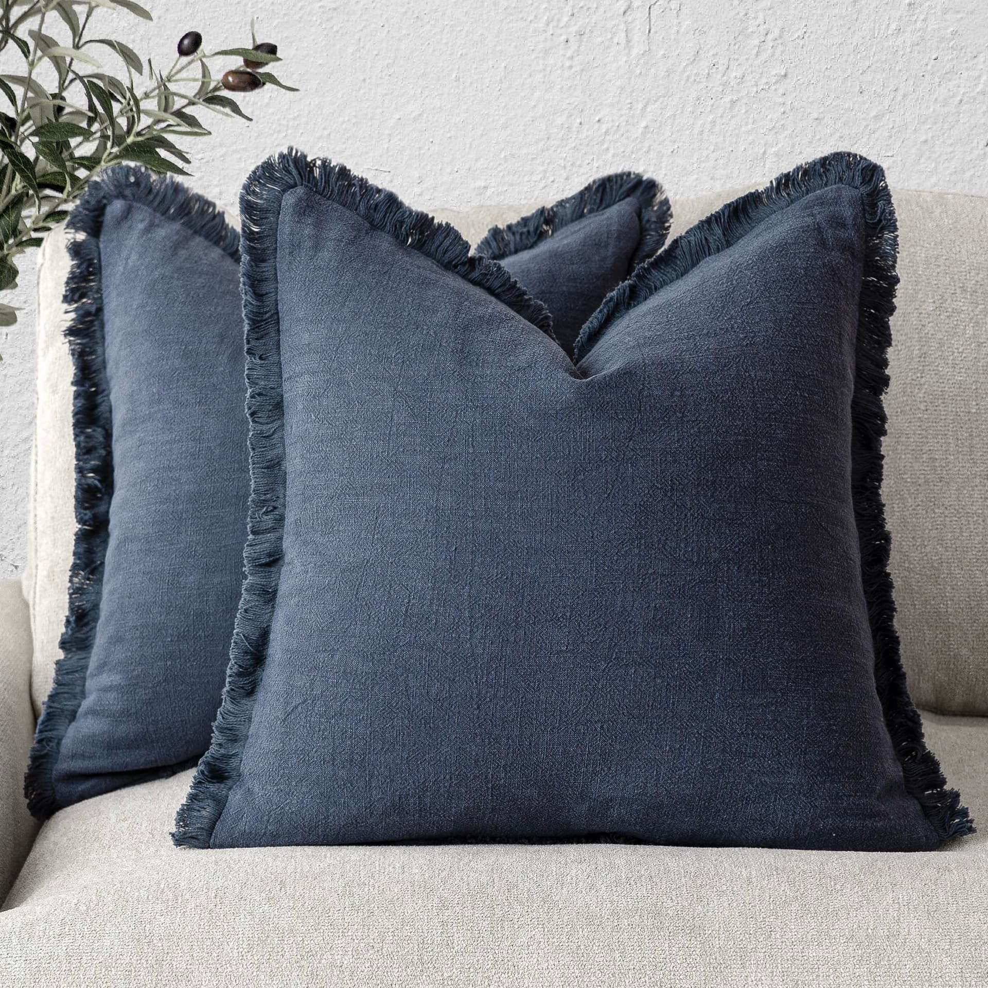 Foindtower Set of 2 Decorative Linen Edges Throw Pillow Covers Cozy Boho Farmhouse Tassels Cushion Cover Soft Accent Pillow Case for Sofa Bed Living Room Home Decor 18 x 18 Inches, Navy Blue - Image 1