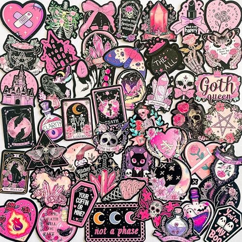50-Piece Pink Goth Witch Sticker - Pastel Gothic Stickers with Skulls, Crystals, Cats, Tarot Cards, Spooky Quotes - Waterproof Vinyl for Laptops, Scrapbooks, Water Bottles - Image 1