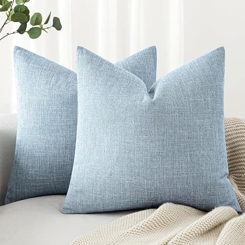 MIULEE Pack of 2 Decorative Linen Burlap Textured Pillow Covers Farmhouse Boho Accent Pillowcases Spring Coastal Home Decor for Couch Sofa Bedroom Living Room 18x18 Inch Light Blue - Image 1