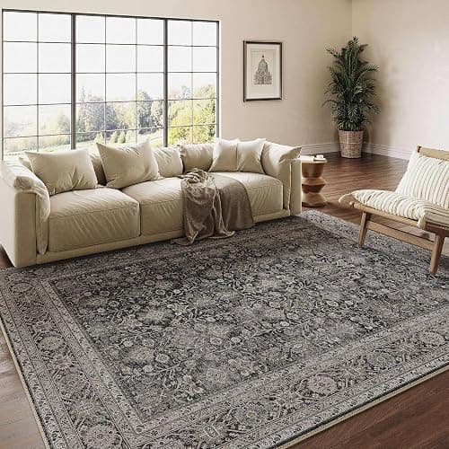 PureCozy Vintage Area Rug 6x9 Black Washable Living Room Large Carpet Non Slip Bedroom Indoor Office Low Pile Traditional Distressed Retro Accent Rug for Dining Room Kitchen - 6'x9' - Black - Image 1