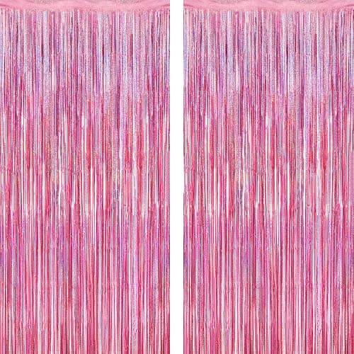 2 Pack Glitter Pink Backdrop, 3.28 FT x 7.05 FT Birthday Party Decorations, Laser Pink Fringe Curtains Foil Streamer Tinsel, Pink Curtains Photo Backdrop Happy Birthday Backdrop - Image 1