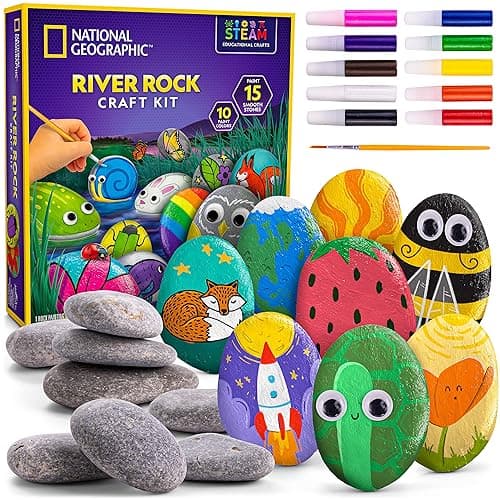 NATIONAL GEOGRAPHIC Rock Painting Kit - Arts and Crafts Kit for Kids, Paint & Decorate 15 River Rocks with 10 Paint Colors & More Art Supplies, Outdoor Toys for Girls and Boys (Amazon Exclusive) - Image 1