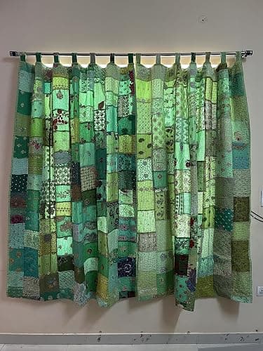 Sambhav Quilt Hub 2 Pcs Indian Vintage Old Patchwork Fabric Made Theme Patchwork color Handmade Curtain Door Bohemian Window Decor Curtain Home Door Window Curtain Set (Green) - Green - Image 1