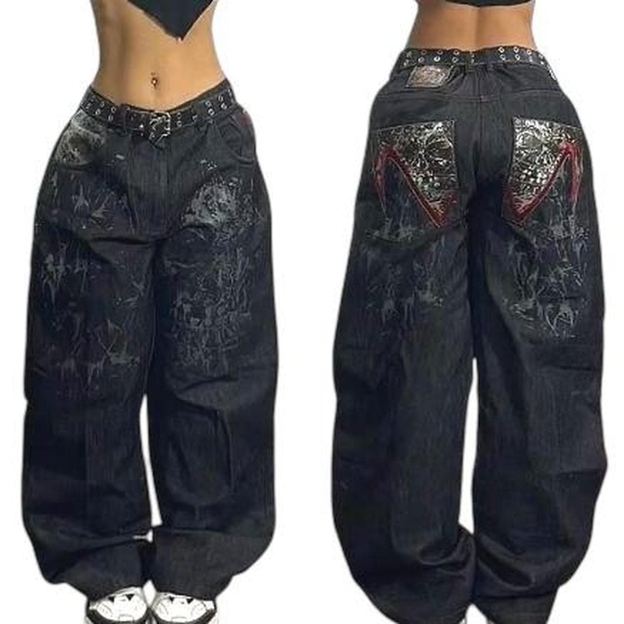Black wide leg baggy denim jeans with a bold, edgy... - Image 1