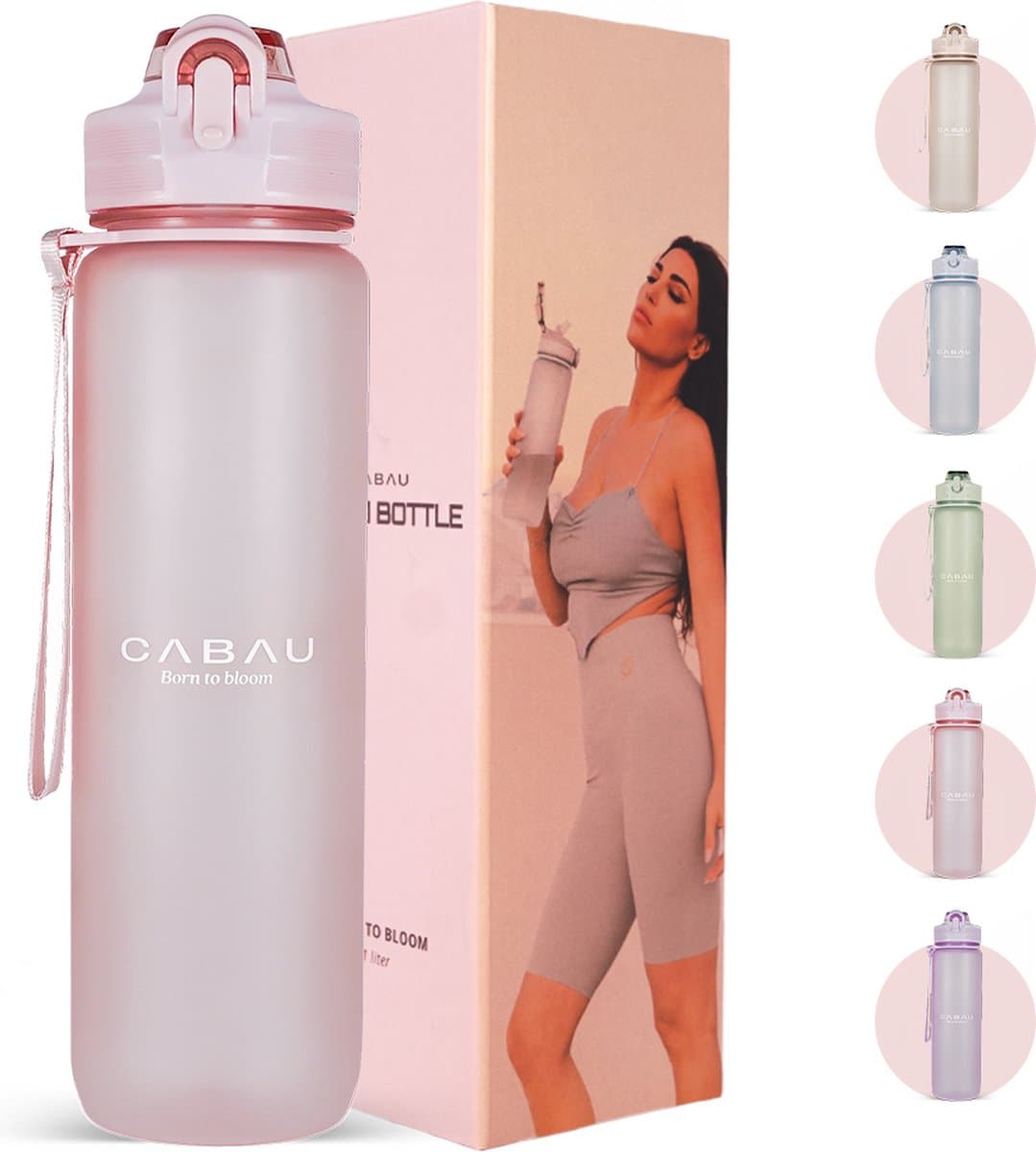 Cabau Bloom Waterfles / Drinkfles | 1 liter | Soft Pink | Handige drinktuit & unieke maataanduiding | BPA- & Lekvrij | Drinkfles met rietje volwassenen | Drinkfles volwassenen | Drinkfles 1 liter | Verschillende drinkflessen | Cadeau voor haar - Image 1