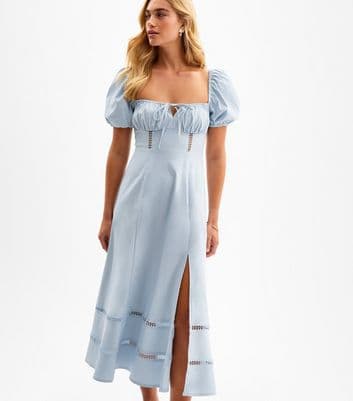 Light Blue Puff Sleeve Slit Hem Midi Dress - Image 1