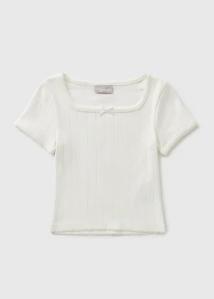 Girls White Pointelle T-Shirt (7-15yrs) - Image 1