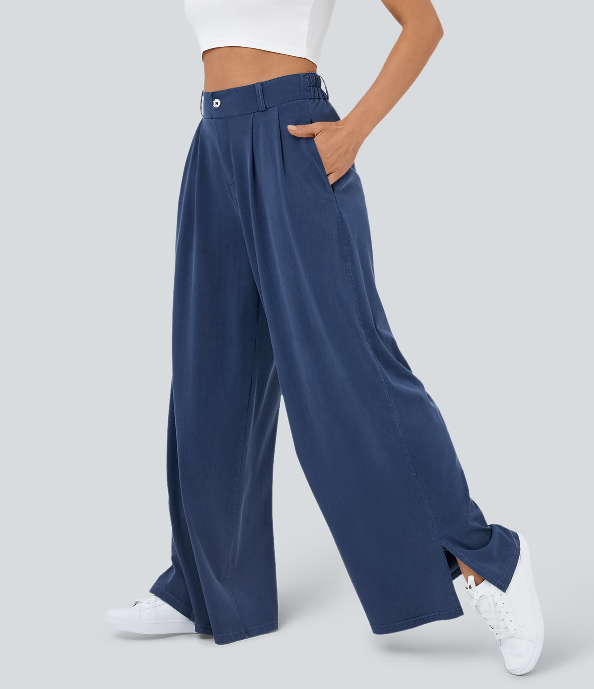 High Waisted Zipper Pocket Hem Wide Leg Casual Pants - Image 1