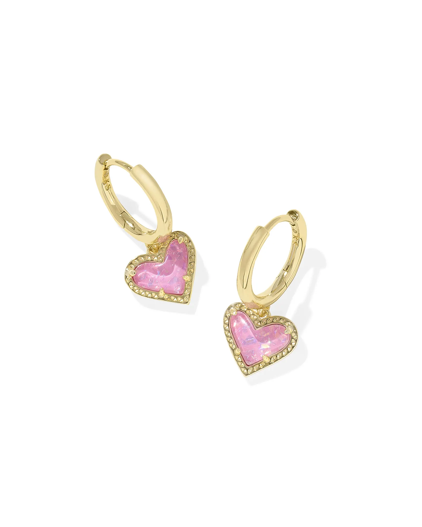 Ari Heart Gold Huggie Earrings in Pink Iridescent Glitter Glass - Image 1