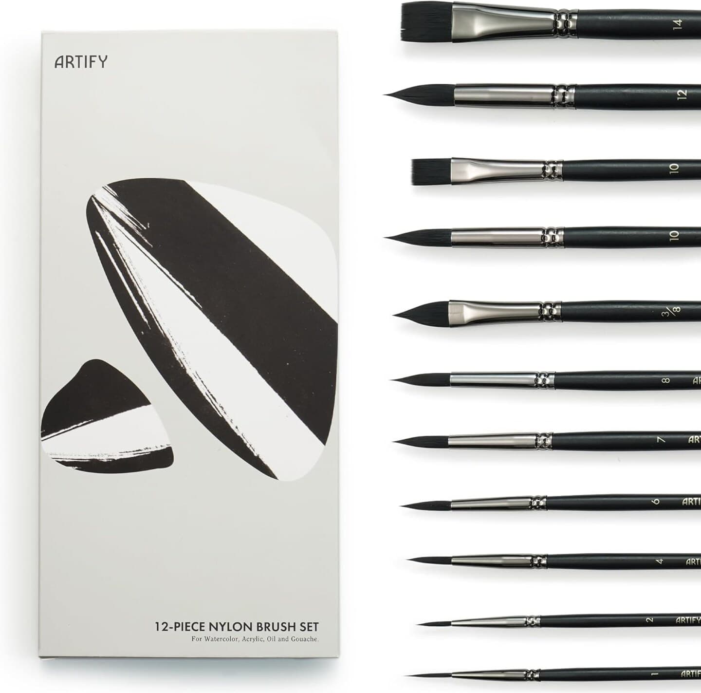 ARTIFY 12 PCS Watercolor Brushes, Synthetic Nylon Paint Brushes for Watercolor, Acrylic, Gouache & Oil Painting, Includes Detail Paint Brushes, Round, Flat, Cat's Tongue,Liner, Intermediate Series - Image 1
