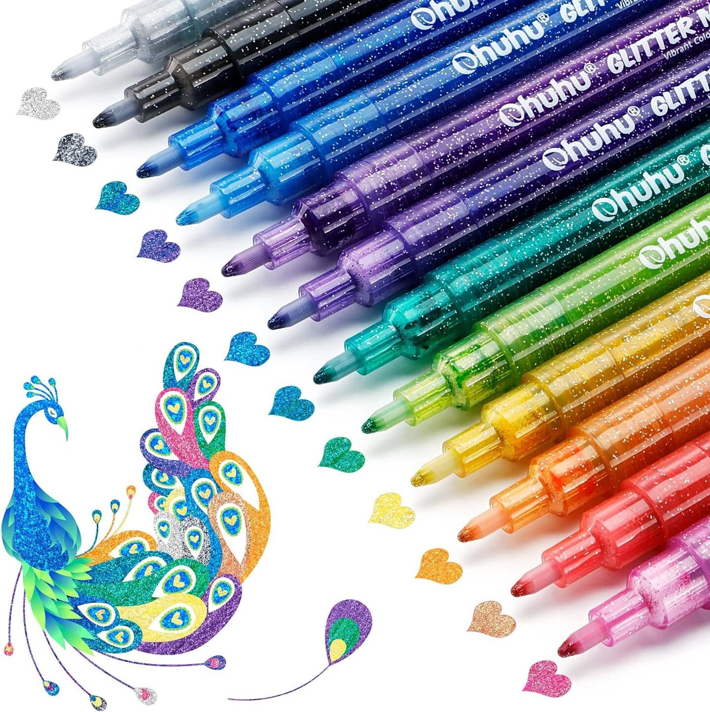 Ohuhu Glitter Markers Pen 12 Glitter Colors Metallic Marker Fine Point Tip Water-based Ink for Kids Adults DIY Crafts Greeting Birthday Cards Making Poster Album Scrapbooking Mugs Wood - Image 1