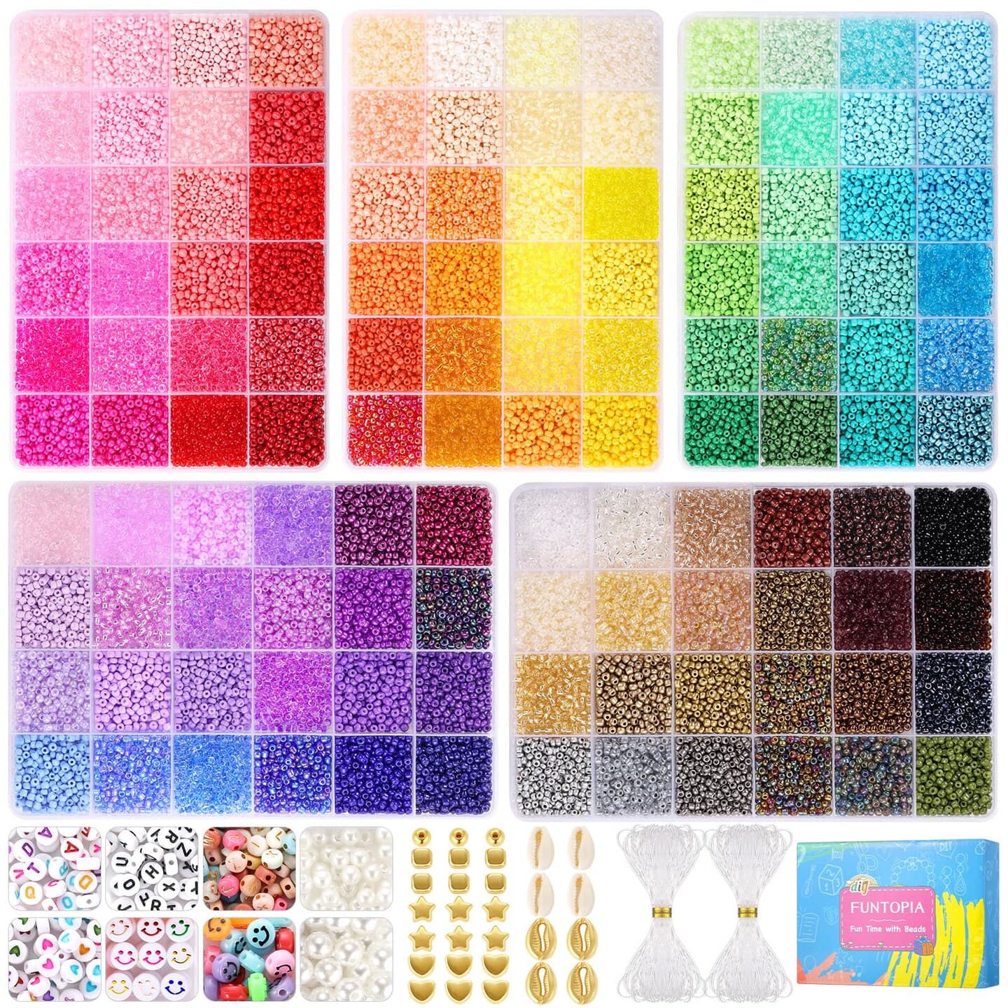 Funtopia 3mm 37000pcs+ Seed Beads for Jewelry Making, 120 Colors Small Glass Beads for Bracelets, Friendship Bracelet Kit with Alphabet Letter Beads Smile Face Beads for DIY, Art and Craft - Image 1