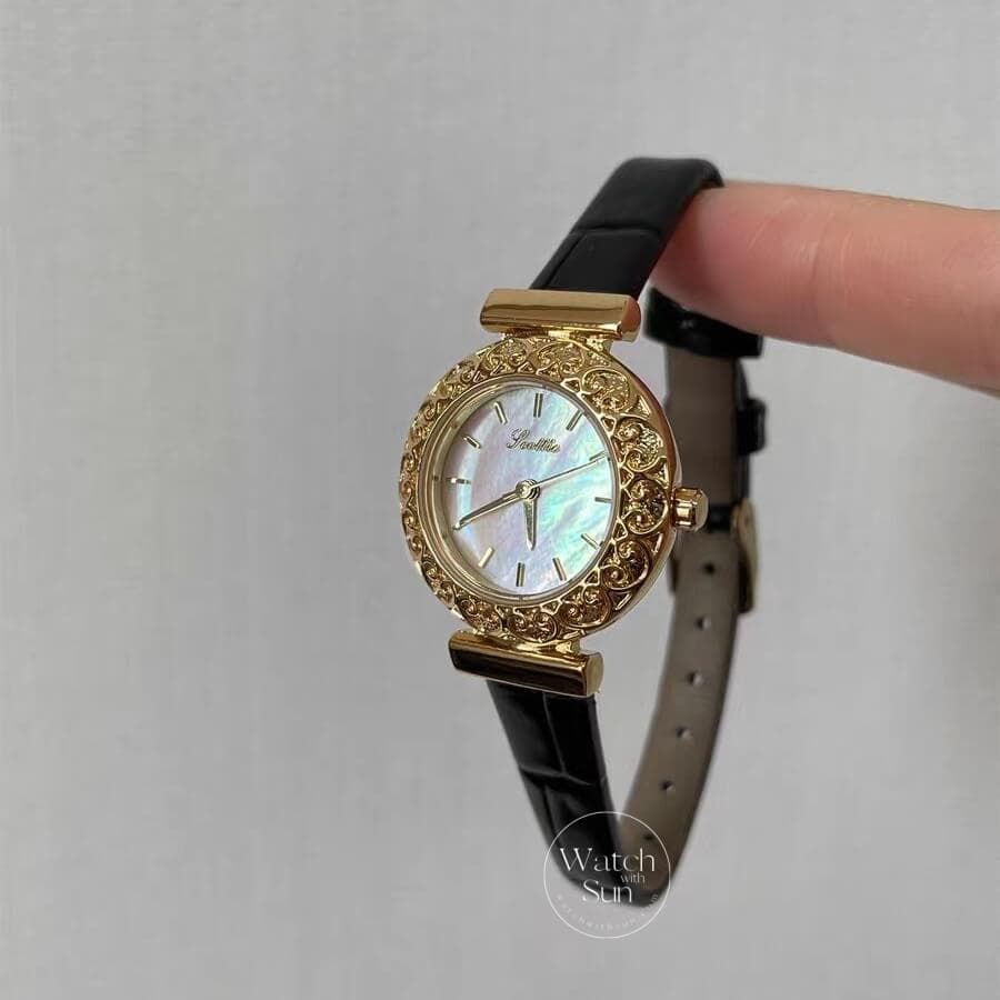 Dainty Mother of Pearl Round Face Black Leather Watch - WatchwithSun-Dainty & Chic Watches for Women - Image 1