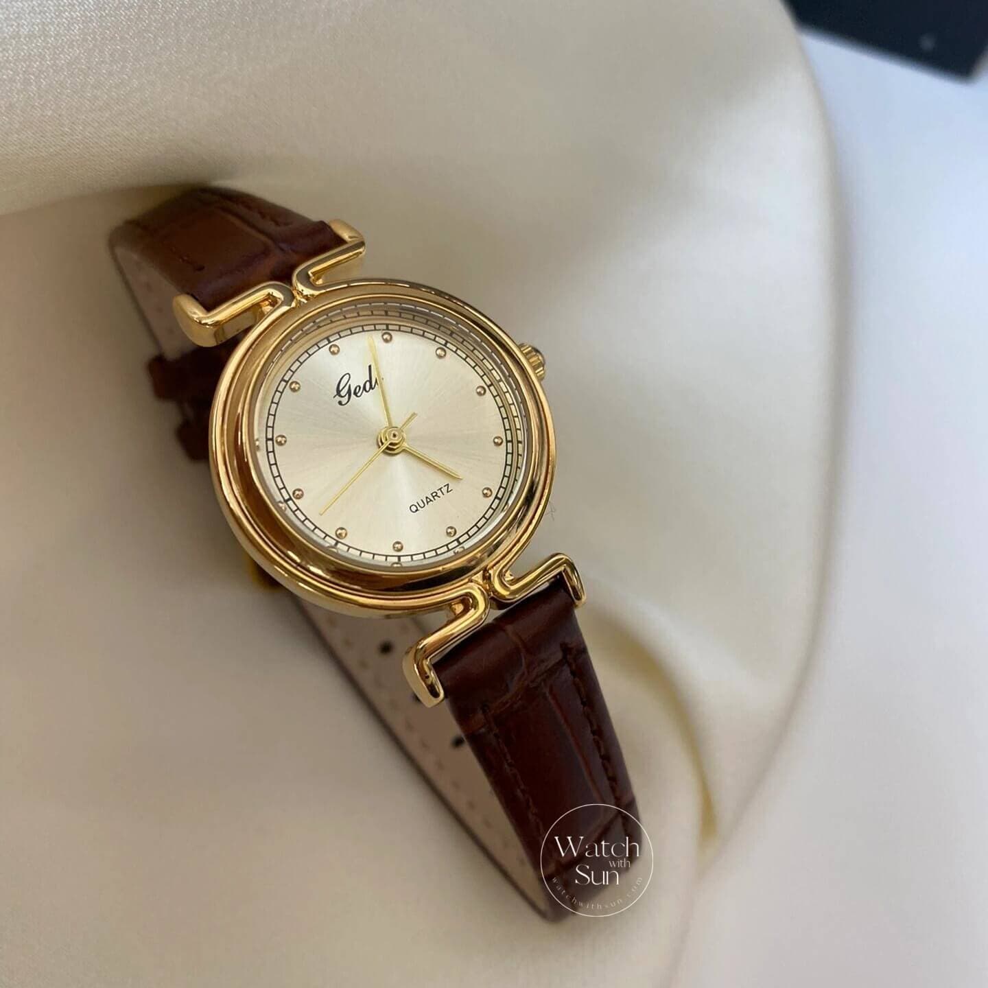 Classic Gold Face Brown Leather Ladies Watch - WatchwithSun-Dainty & Chic Watches for Women - Image 1