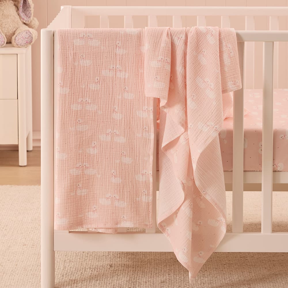 Adairs Kids - Swan Love Apricot Cotton Muslin Baby Swaddles 2pk | Adairs - Image 1