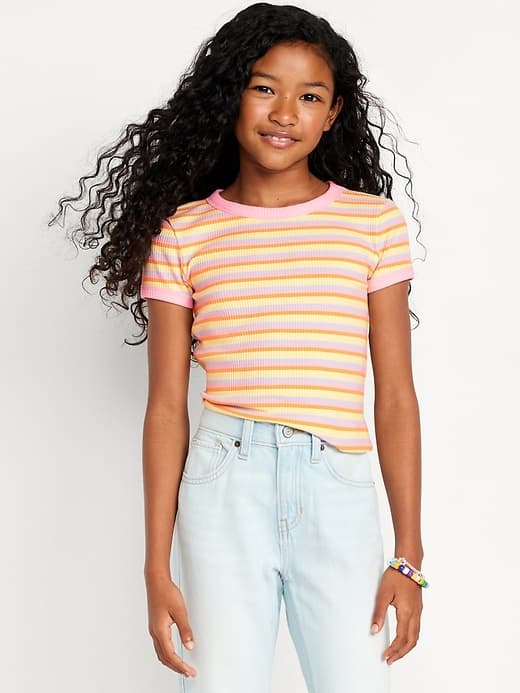 Fitted Short-Sleeve Ribbed T-Shirt for Girls - Image 1