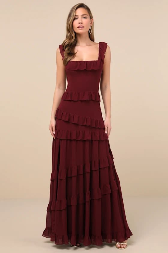 Compelling Romantic Burgundy Ruffled Tiered Maxi Dress - Image 1