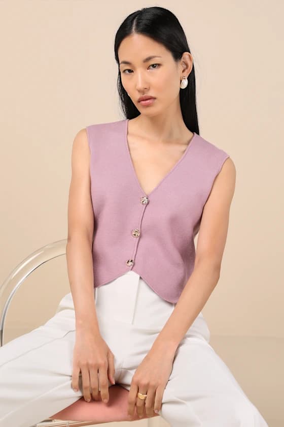 Reanna Dusty Lavender Button-Front Sweater Vest Top - Image 1