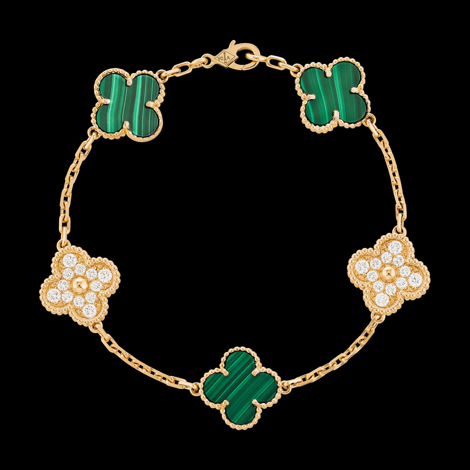 Vintage Alhambra bracelet, 5 motifs 18K yellow gold, Diamond, Malachite - Van Cleef & Arpels - Image 1