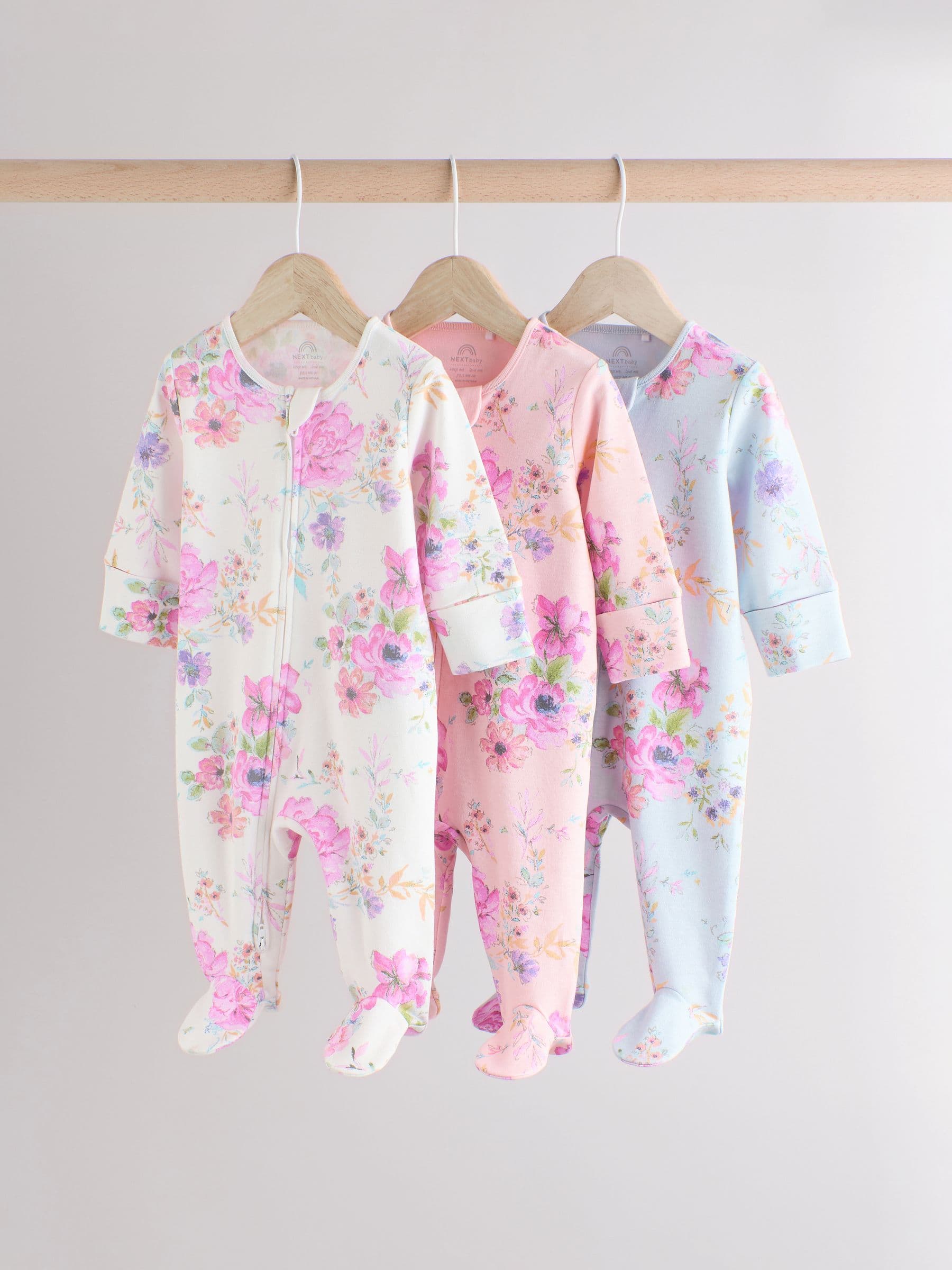 Pink - Floral Baby 100% Cotton Sleepsuits 3 Pack (0mths-2yrs) - Image 1