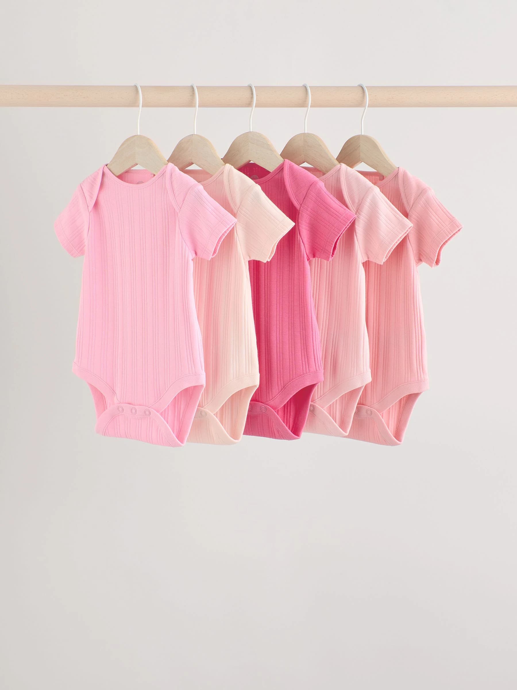 Bright Pink - Baby Short Sleeve Ribbed 100% Cotton Bodysuits 5 Pack - Image 1
