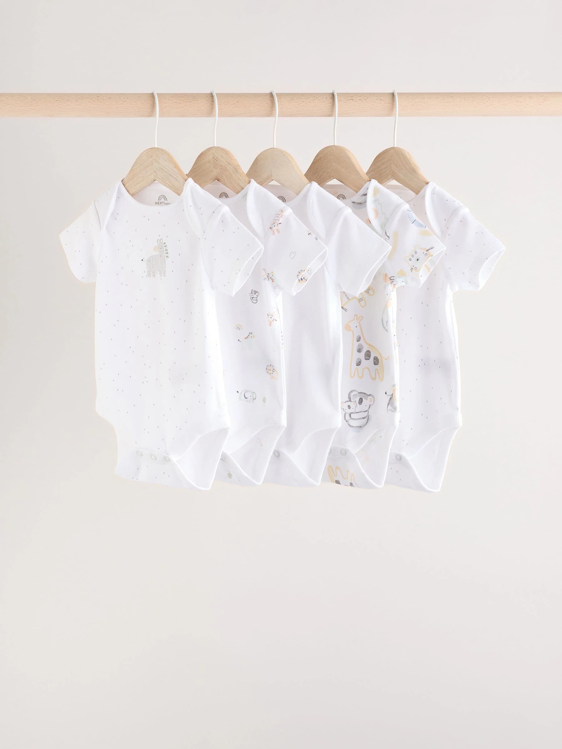 White Animal Print Short Sleeve Baby Bodysuits 5 Pack - Image 1